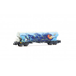 Wagon c&eacute;r&eacute;alier &agrave; faces bomb&eacute;es, F-ERSA, bleu avec graffiti oiseaux, Interfracht, &eacute;poque VI - Echelle  N